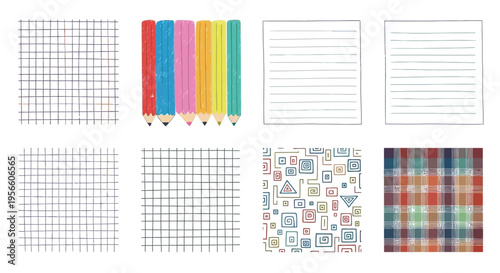 Variety of patterned papers and colorful drawing pencils on white background