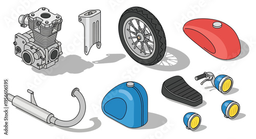 Exploded view illustration of motorcycle parts including engine wheel and fuel tank in a flat style silhouette high quality professional detailed