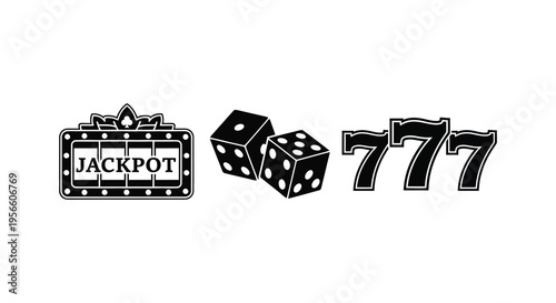 Black silhouettes of a jackpot sign dice and three sevens evoke casino gaming and luck silhouette high quality professional detailed modern