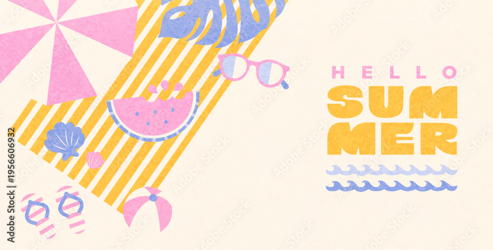 Obraz premium Greeting summer textured banner. Party place top view. Beach umbrella, sunglasses, watermelon, seashells and ball. Summer positive vibe design. Template for sales, posters, covers, ads. Vector