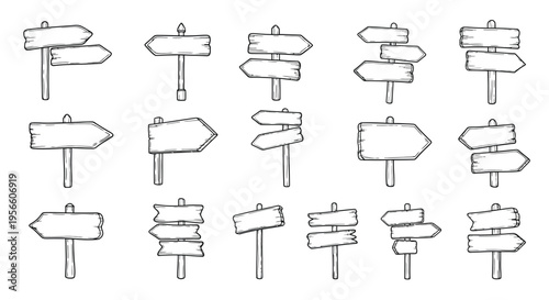 Collection of hand drawn wooden signposts and directional arrows in black and white