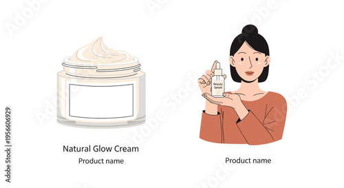 Woman holding skincare product bottle with cream jar in warm natural lighting for beauty advertising