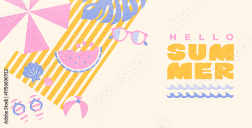 Greeting summer textured banner. Party place top view. Beach umbrella, sunglasses, watermelon, seashells and ball. Summer positive vibe design. Template for sales, posters, covers, ads. Vector