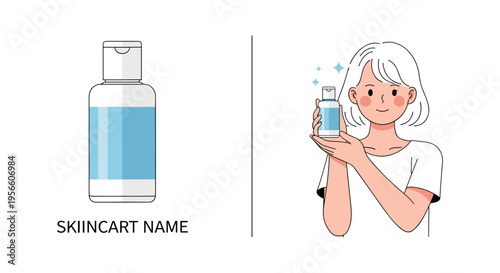 Woman holding blue serum bottle in cartoon style with white background for skincare advertising
