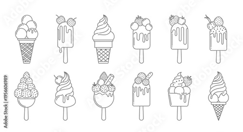 Collection of hand drawn style ice cream cones popsicles and frozen treats