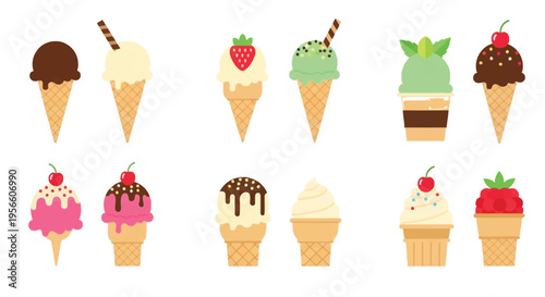 Colorful assortment of various ice cream cones with different flavors and toppings