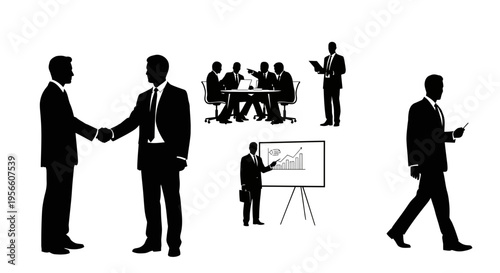 Business professionals interact and discuss in office setting with presentations