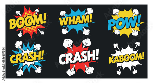 A vibrant collection of comic book explosion words and starbursts against a dark background creating a dynamic silhouette high quality professional
