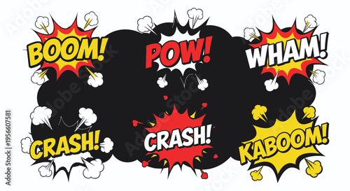 A dynamic comic book explosion scene with vibrant word bubbles and graphic bursts rendered as a striking silhouette high quality professional