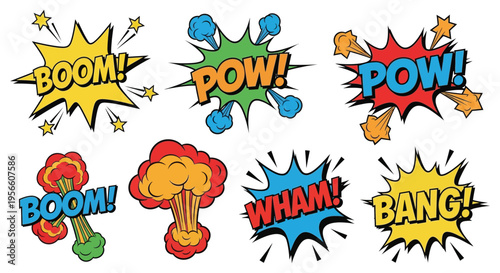 Vibrant comic book explosion effects with dynamic word bubbles and starbursts a bold graphic illustration silhouette high quality professional detailed modern