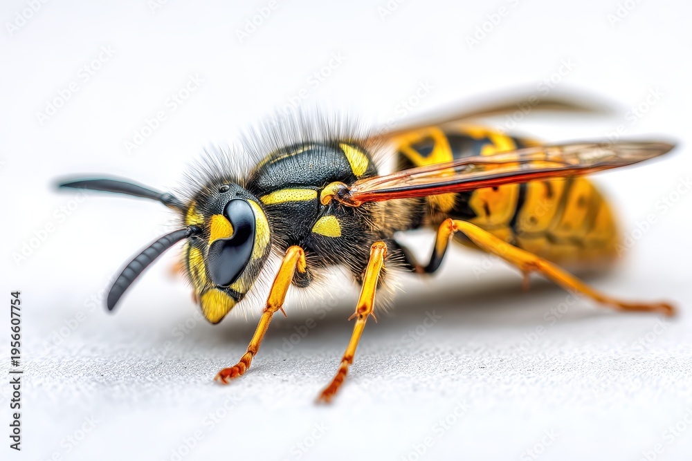 Naklejka premium High-detail macro image of a wasp with striped body against a seamless white background