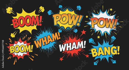 Colorful comic book explosion effects with stylized lettering and starbursts creating a dynamic and impactful visual scene silhouette high quality