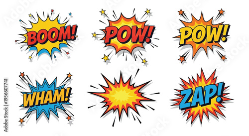 A vibrant collection of comic book explosion graphics featuring words like boom and pow silhouette high quality professional detailed modern
