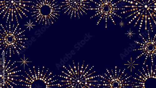 Frame made of abstract exploding festive firework on blue background. Geometric snowflakes made of sparkling glitter, sequins for banner, flyer, greeting card, New Year. EPS10