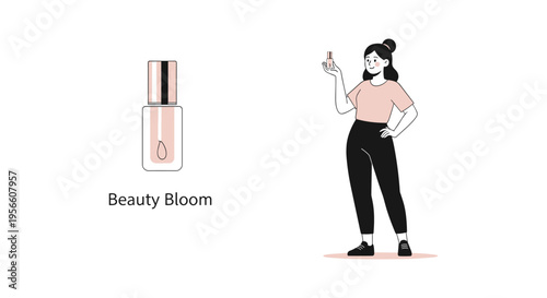 Woman holding peach colored lip gloss in minimalist illustration style with soft pastel colors in flat lay format for beauty advertising