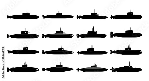 Submarines are shown in various orientations and positions underwater.