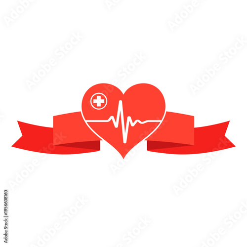 Illustration of a heart with a pulse and a medical cross in a red banner on a white background.