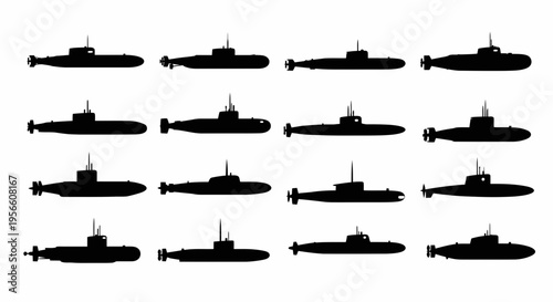 Various submarine silhouettes are displayed on a clean white background