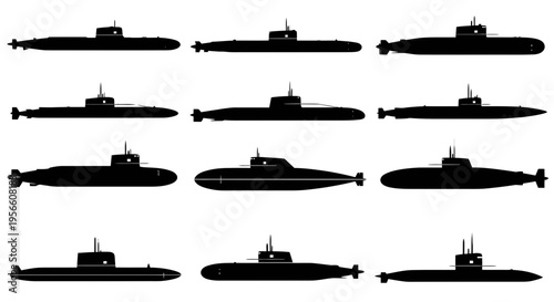 Submarines are displayed in various orientations on a white background