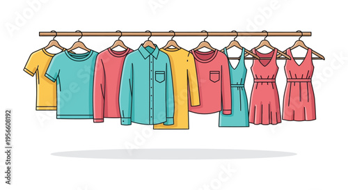 A colorful array of clothing items hangs on a rack showcasing various styles and designs a charming silhouette high quality