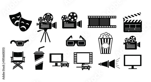 A collection of black icons representing cinema elements like cameras film reels and popcorn in silhouette high quality professional detailed modern