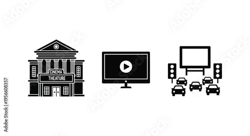 A black and white depiction of a cinema television and traffic with billboards presented as a silhouette high quality professional detailed