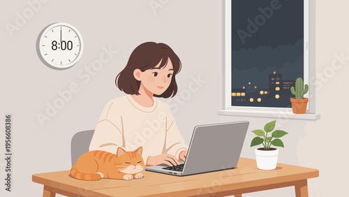 Woman working with cat on table