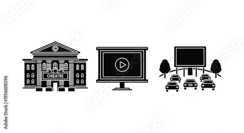 A series of black silhouettes depicting a theatre television and drive in movie screen silhouette high quality professional detailed modern elegant stylish