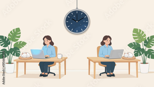 Two women working at desks with cats