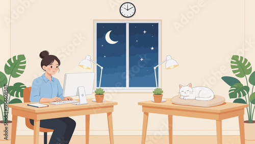 Woman working at desk with cat sleeping