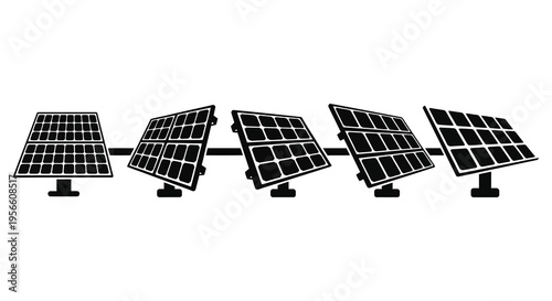 A row of five black solar panels are displayed against a white background creating a stark silhouette high quality professional detailed