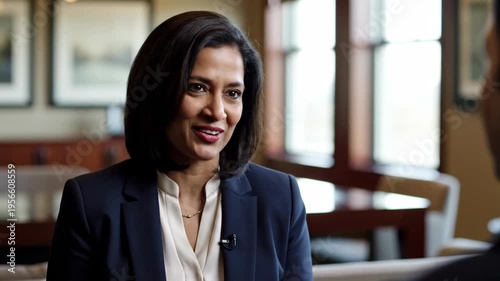 smiling indian businesswoman in suit talking during corporate meeting in modern office. professional manager, executive leader, financial consultant. business interview, presentation