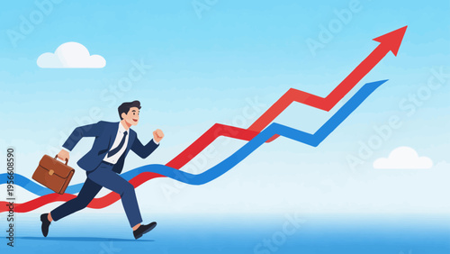 Businessman running with growth chart