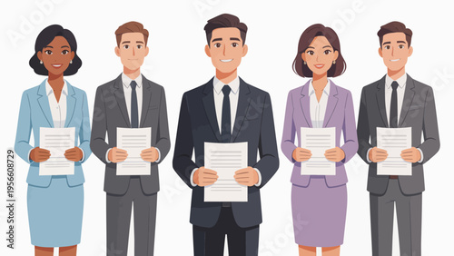 Five business professionals holding documents