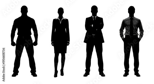 Four businesspeople stand in office attire silhouettes