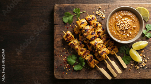 Top view of grilled chicken satay skewers on a wooden board with peanut sauce, fresh cilantro, limes and nuts. Dark wood background with copy space on the left for texts.
