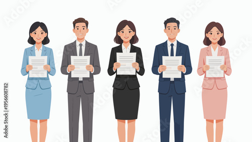 Five business professionals holding documents