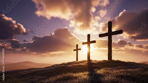 three wooden crosses silhouetted on hill against dramatic sunset sky with glowing clouds. christian religion, jesus christ crucifixion concept. easter holiday background, greeting card.