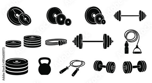 A collection of black workout equipment including dumbbells weights and a jump rope presented as a silhouette high quality professional detailed