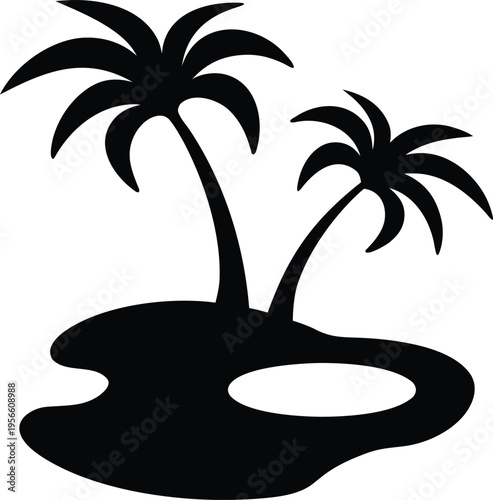 a oasis with single palm and water pool the entire image silhouette vector illustration on transparent background