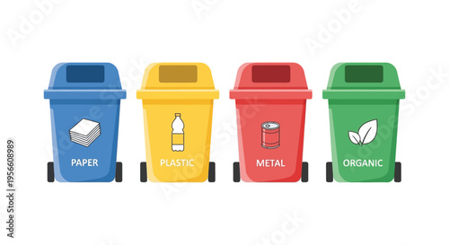 Four colorful recycling bins for paper plastic metal and organic waste are neatly arranged in a row silhouette high quality professional