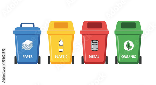 Four colorful recycling bins for paper plastic metal and organic waste are neatly arranged in a row silhouette high quality