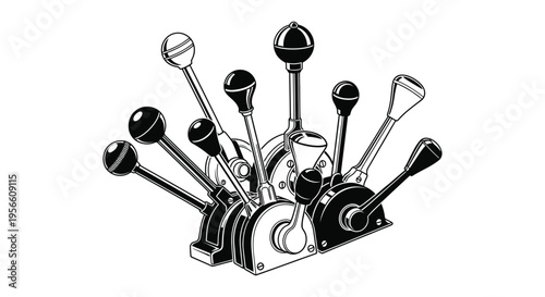 An arrangement of vintage control levers and knobs displayed in a stark black and white composition silhouette high quality professional detailed