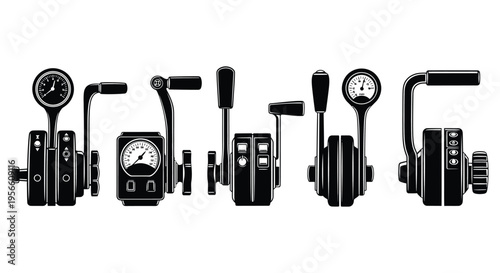 A detailed arrangement of various industrial control levers and gauges shown in a striking black silhouette high quality professional modern elegant