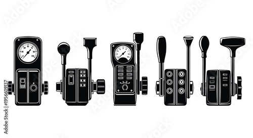 A collection of vintage nautical control levers and instruments depicted in a striking black silhouette high quality professional detailed modern elegant