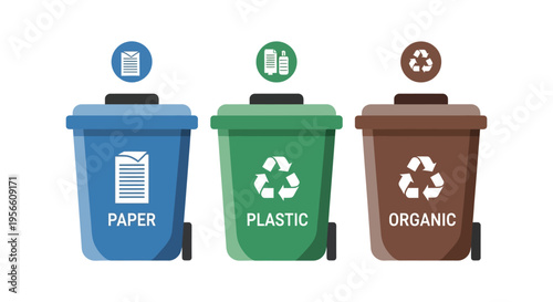 Three recycling bins for paper plastic and organic waste are displayed in a flat simple silhouette high quality professional detailed modern