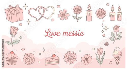 Pink love messy illustration with flowers and desserts in soft romantic lighting for Valentines Day