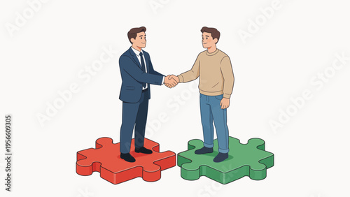 Two men shaking hands on puzzle pieces
