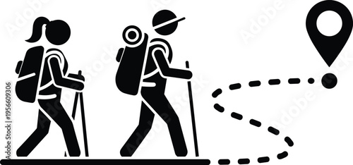 Hiking trail icon, outdoor adventure symbol, travelers with backpacks illustration, navigation path graphic, destination pin design, trekking journey representation