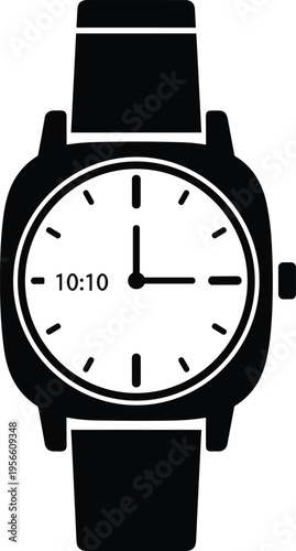 Wristwatch icon, timepiece symbol, watch face graphic, 10:10 clock illustration, fashion accessory design, time management concept, lifestyle representation